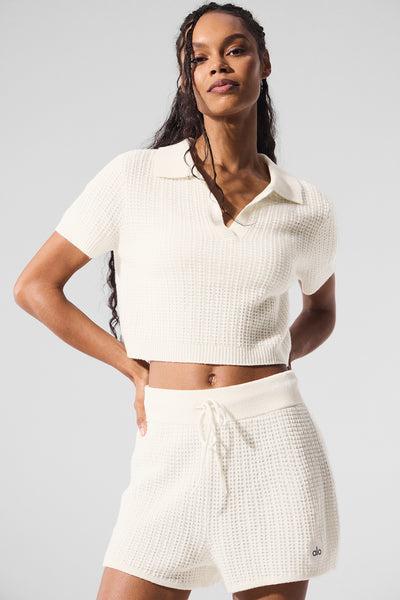 Cashmere Plush Waffle Polo Tee - Ivory Product Image