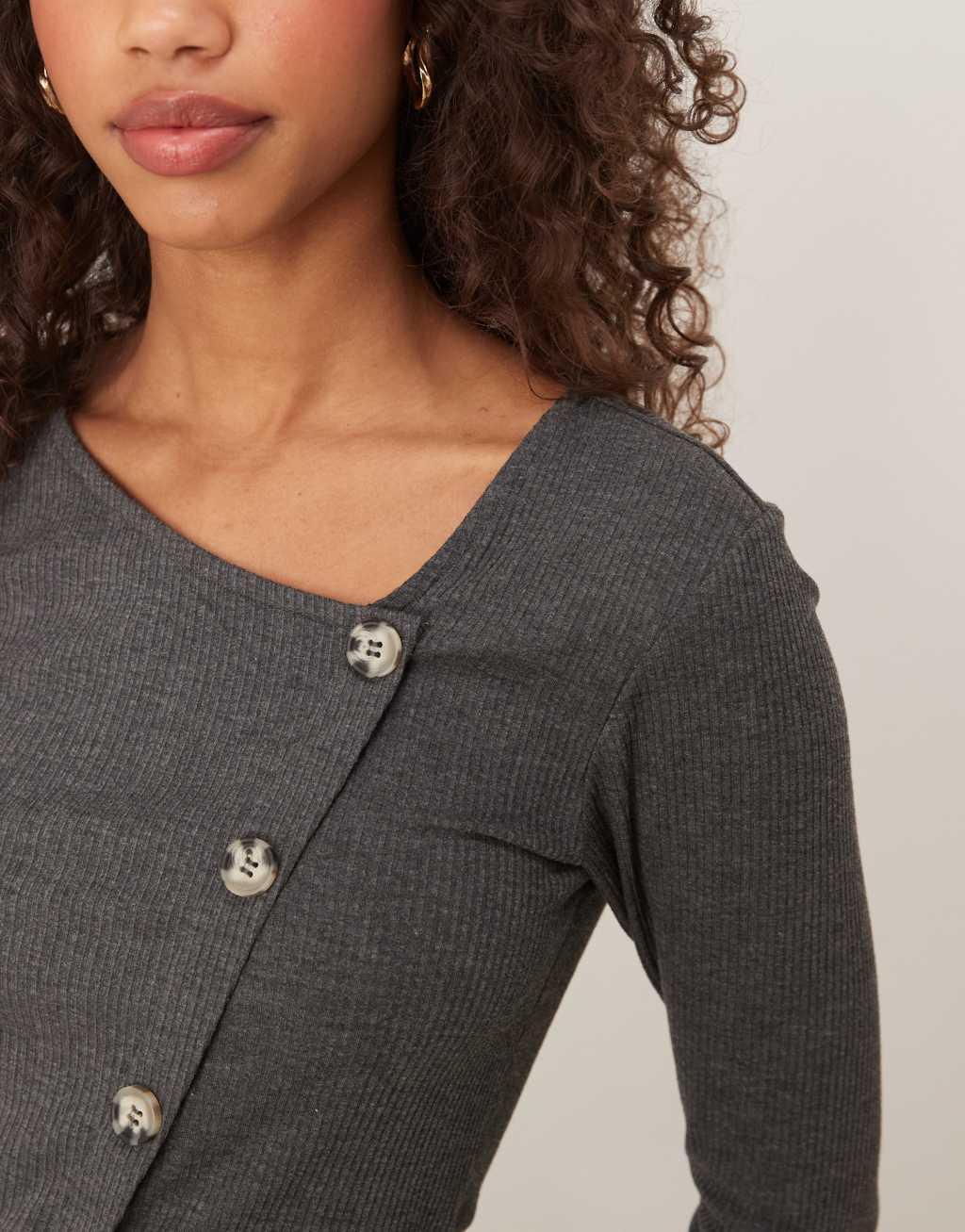 JDY asymmetric ribbed button detail top in dark gray Product Image