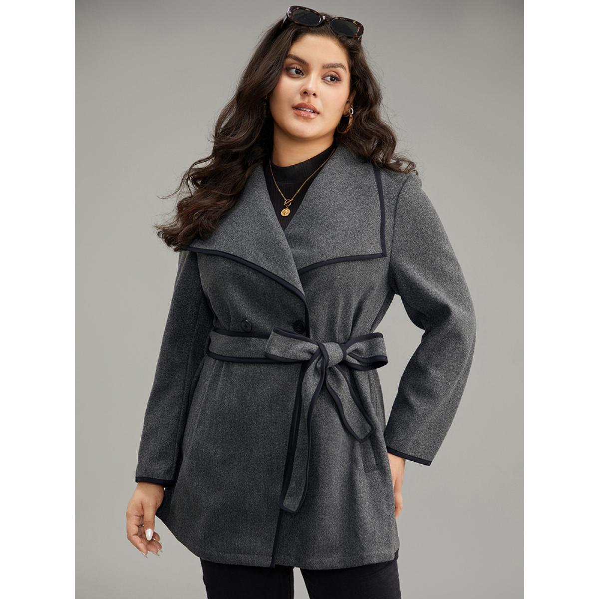 Plus Size Lapel Collar Contrast Trim Belted Button Up Coat Women DimGray Casual Belted Ladies Dailywear Winter Coats BloomChic 22-24/3X Product Image