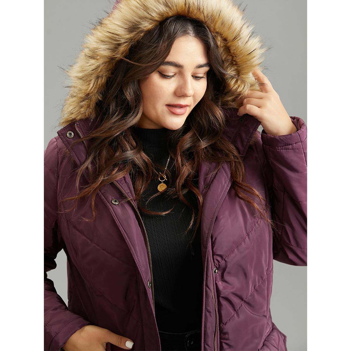 Plus Size Solid Flap Pocket Fuzzy Trim Padded Coat Women Purple Casual Lined Ladies Dailywear Winter Coats BloomChic 30/6X Product Image