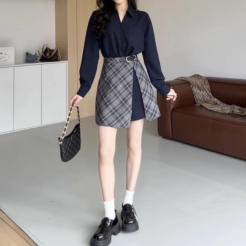 Mock Two-Piece Long-Sleeve Plaid Panel Shirtdress (Various Designs) Product Image