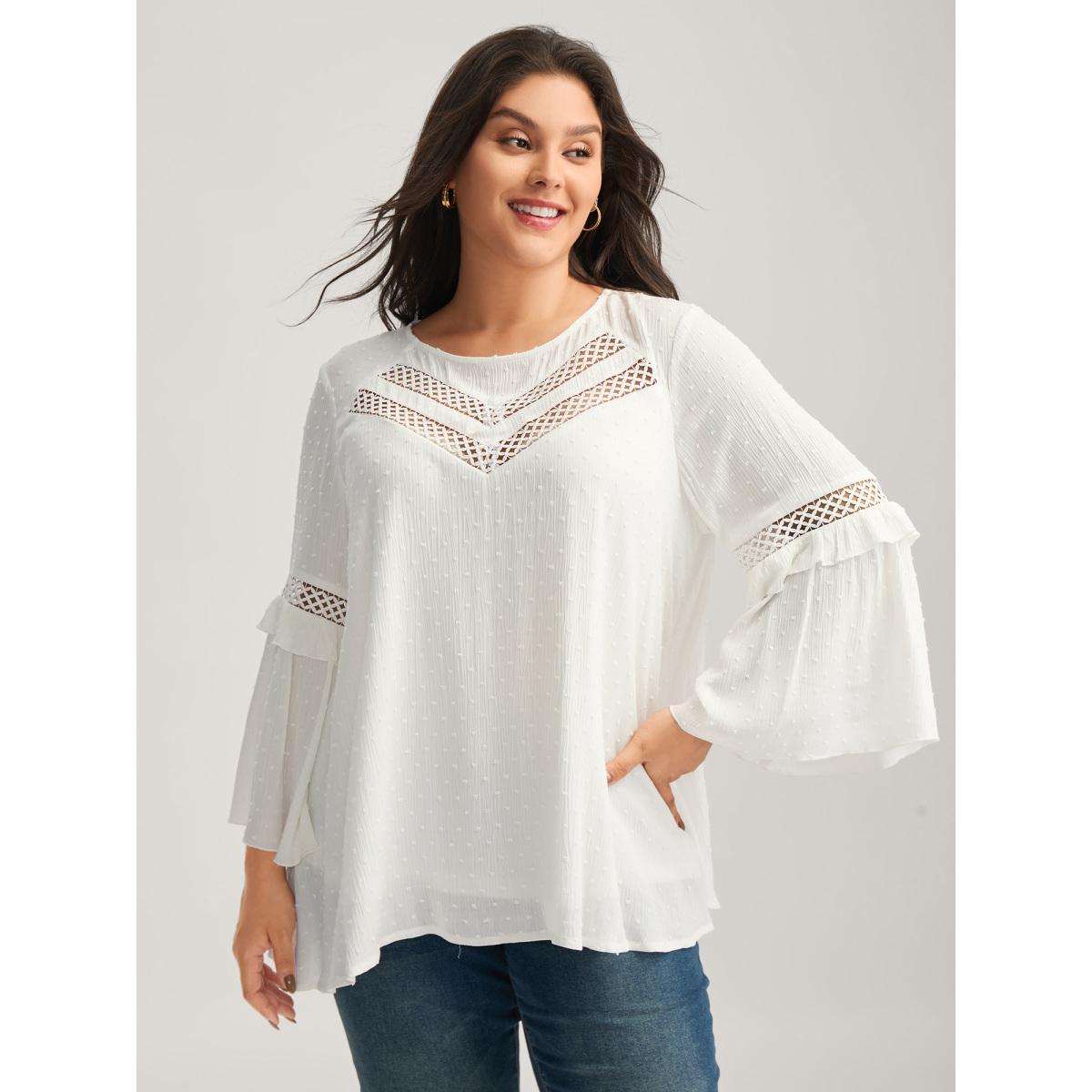 Plus Size WhiteSmoke Lace Trim Textured Flowy Solid Blouse Women Long Sleeve Round Neck Everyday-Elegant Blouses BloomChic 10/M Product Image