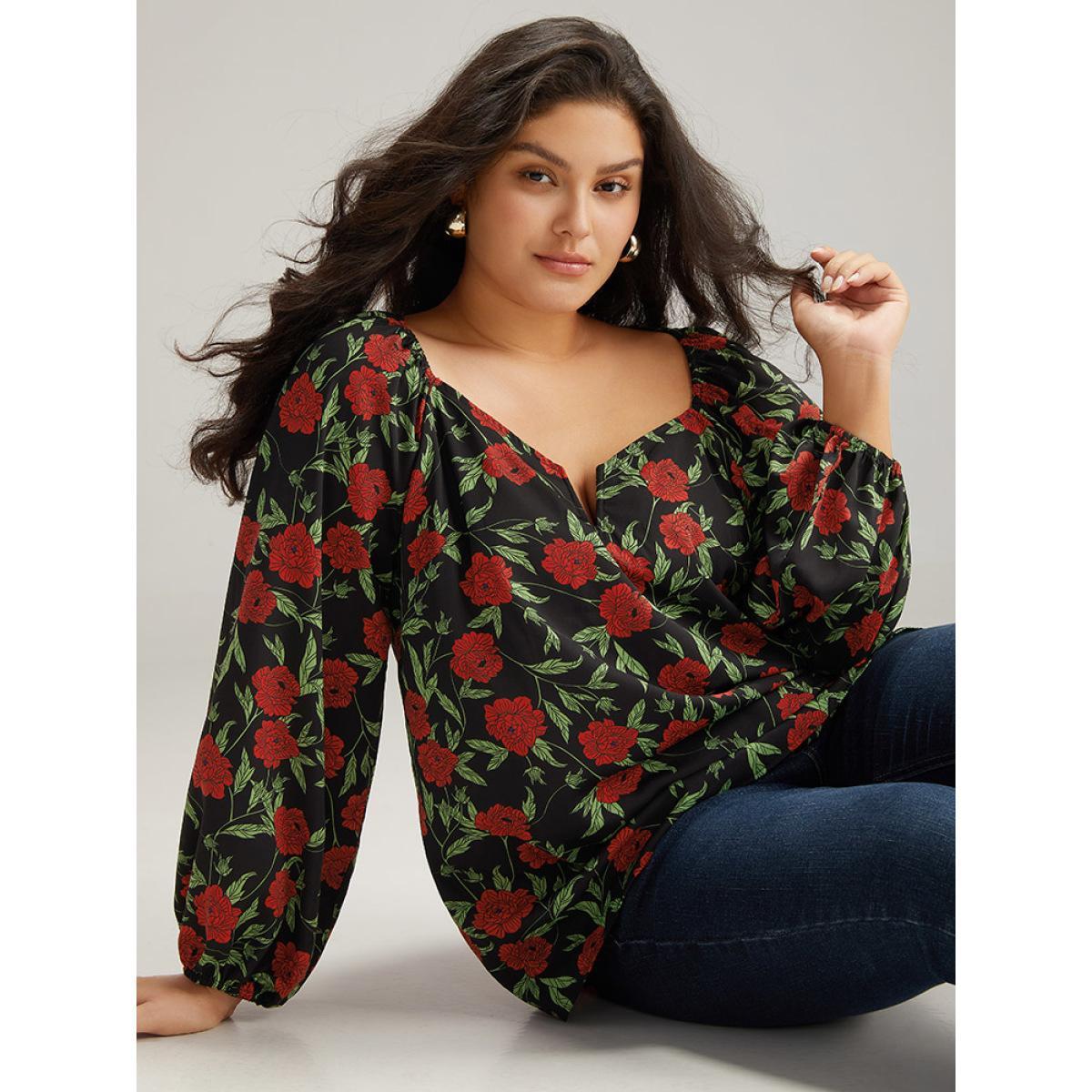 Plus Size BlackFlower Floral Print Notched Lantern Sleeve Blouse Women Elegant Long Sleeve Square Neck Dailywear Blouses BloomChic 22-24/3X Product Image