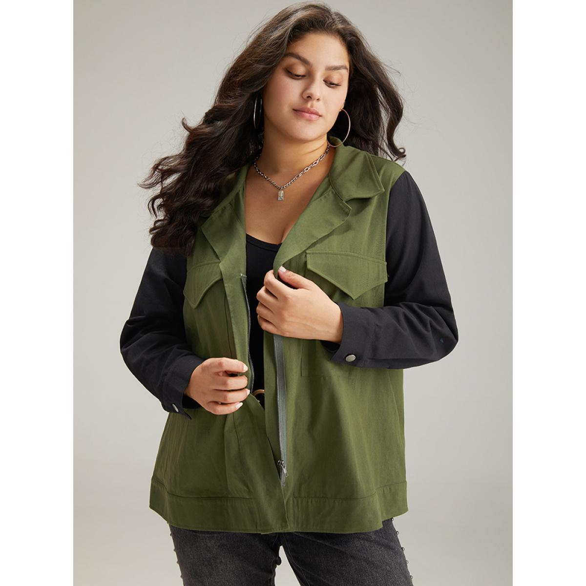 Plus Size Contrast Lapel Collar Pocket Zipper Fly Coat Women Green Casual Contrast Ladies Dailywear Winter Coats BloomChic 18-20/2X Product Image