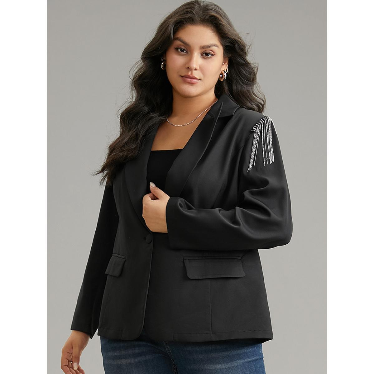 Plus Size Solid Suit Collar Tassel Trim Blazer Black Women Dailywear Plain Tassels Sleeve Long Sleeve Suit Collar 10/M Elegant Blazers BloomChic Product Image