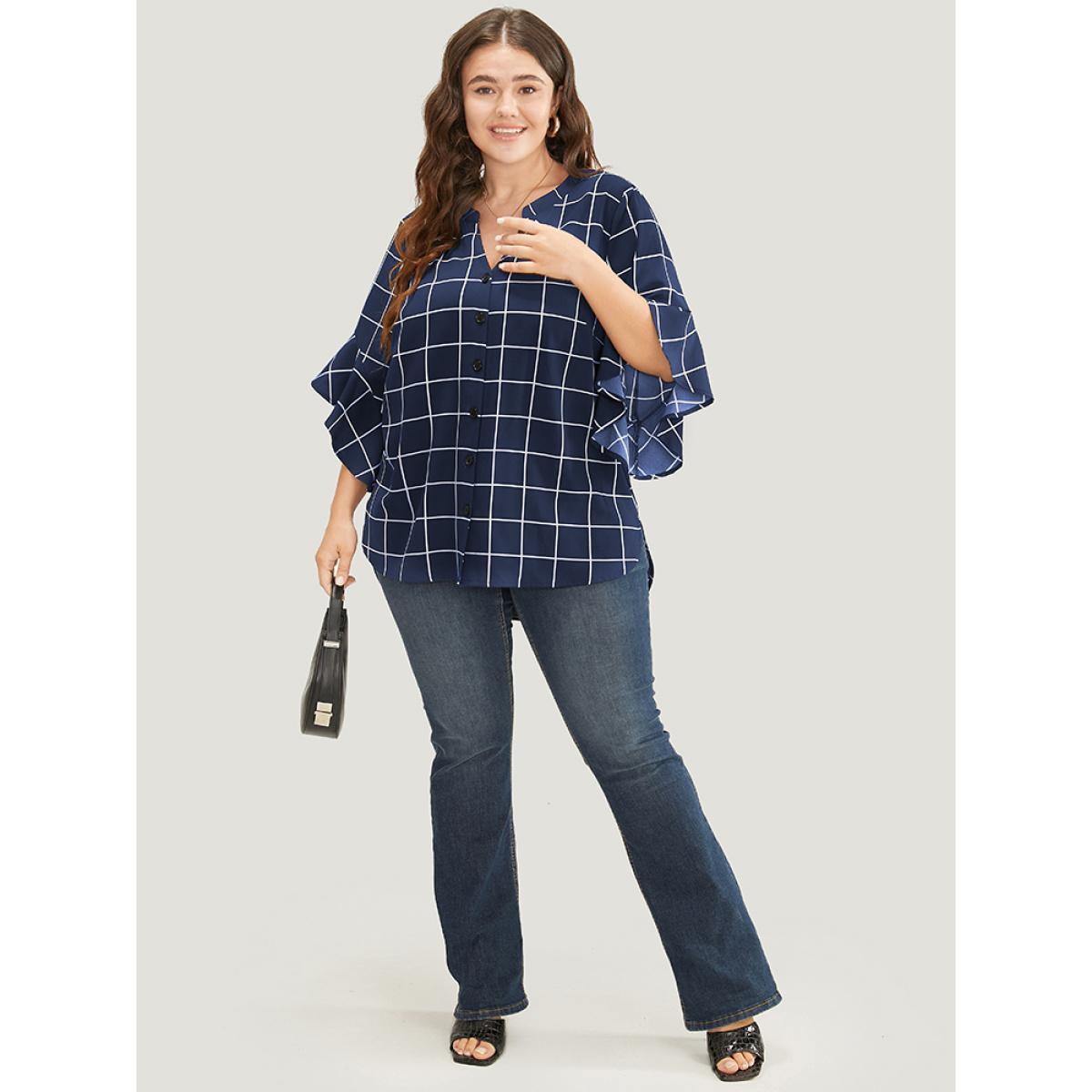 Plus Size Blue Plaid Notched Button Up Ruffle Sleeve Split Hem Blouse Women Office Elbow-length sleeve Notched collar Work Blouses BloomChic 30/6X Product Image