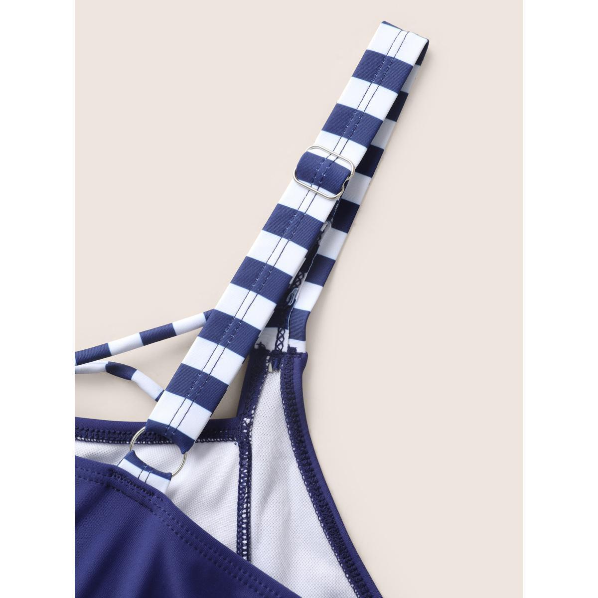 Plus Size Striped Tie Knot High Stretch Gathered Swim Top Women's Swimwear Navy Beach Tie knot High stretch Bodycon Heart neckline Curve Swim Tops BloomChic 26/4X Product Image