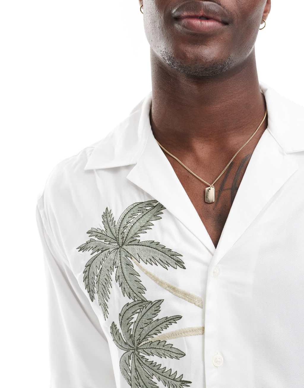 ONLY & SONS camp collar shirt with palm print in off white Product Image