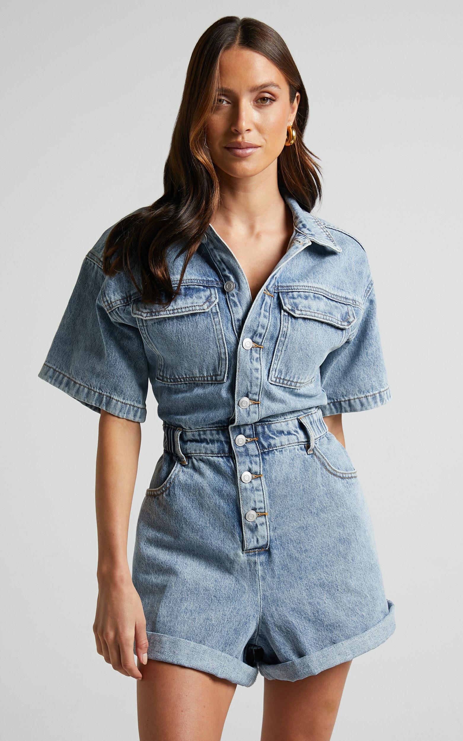 Leo Playsuit - Collared Short Sleeve Button Front Denim Playsuit in Mid Blue Acid Wash Product Image