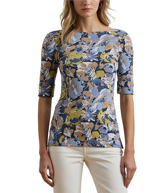 Lauren Ralph Lauren Stretch Cotton Floral Boatneck Elbow-Length Sleeve T-Shirt Product Image