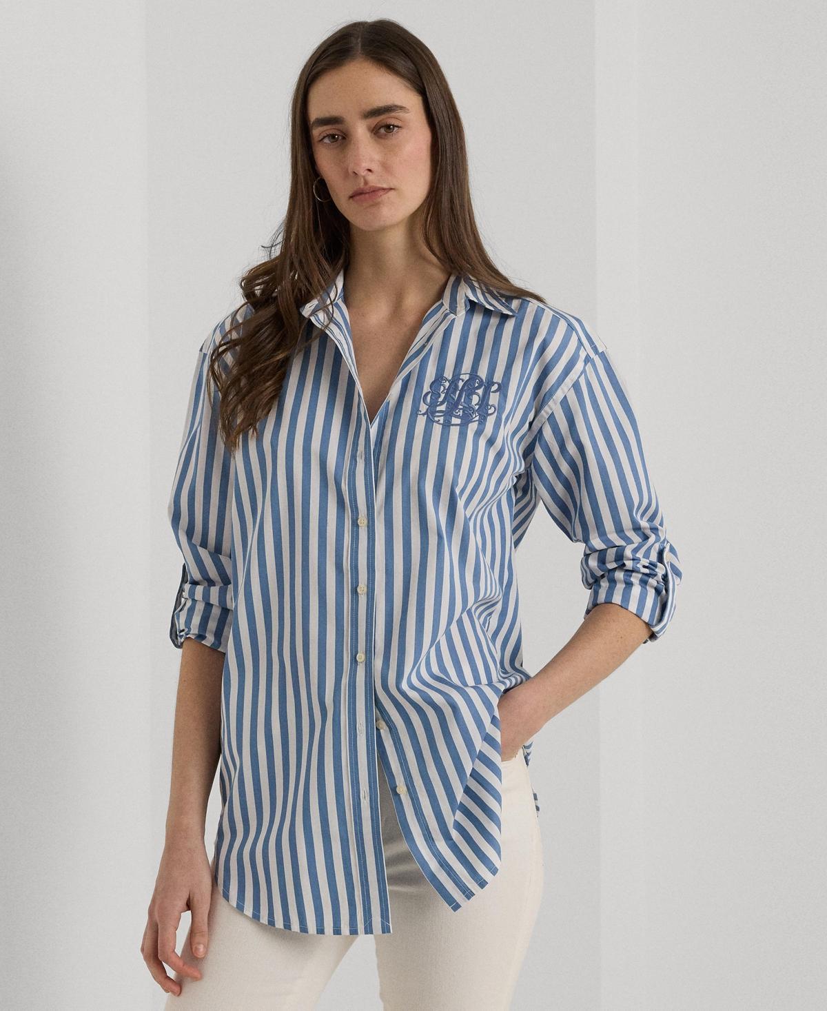 Lauren Ralph Lauren Oversize Striped Cotton Broadcloth Shirt (Primrose /White) Women's Clothing Product Image