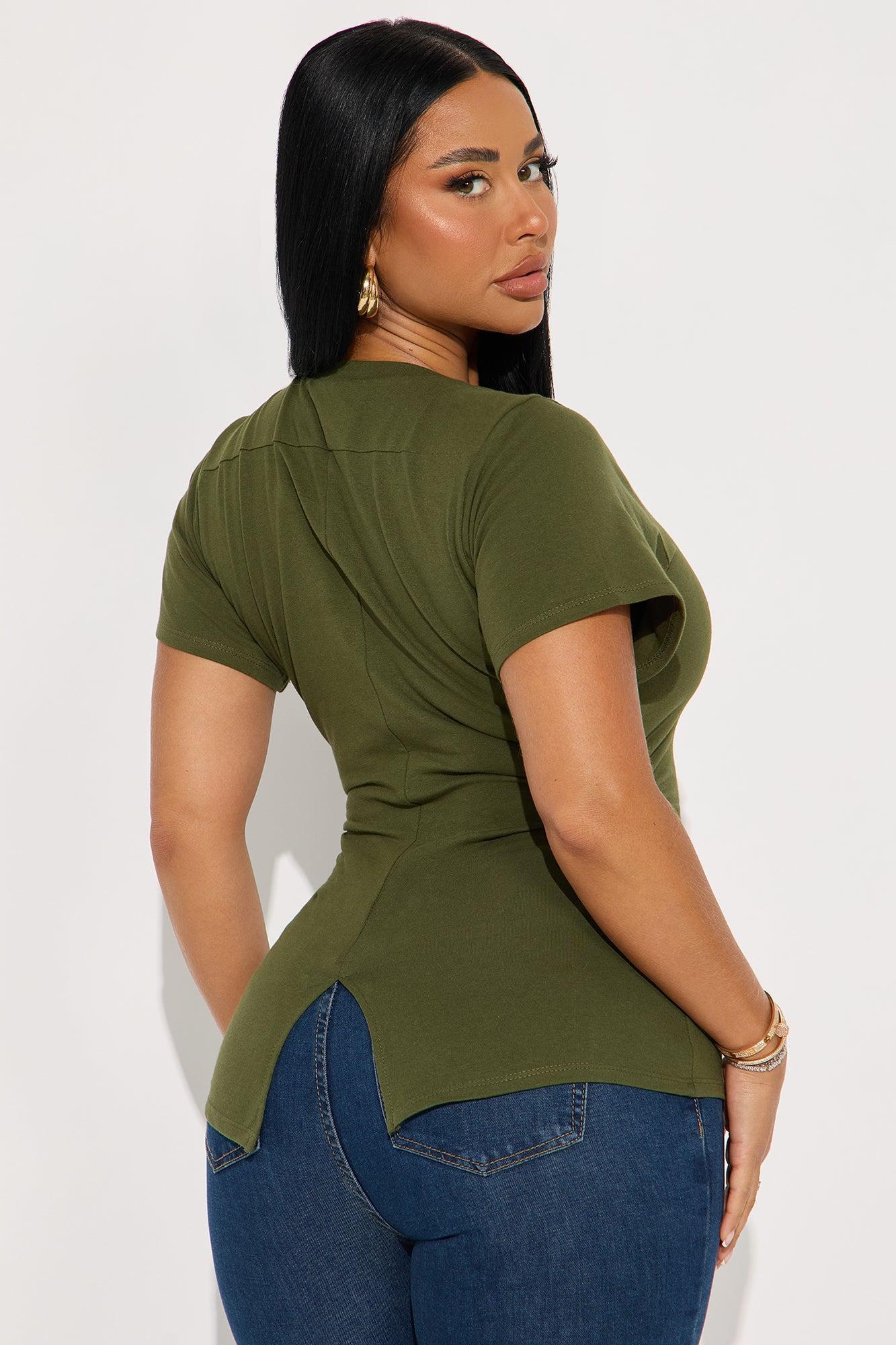 Simply Me Ruched Short Sleeve T-Shirt - Olive Product Image