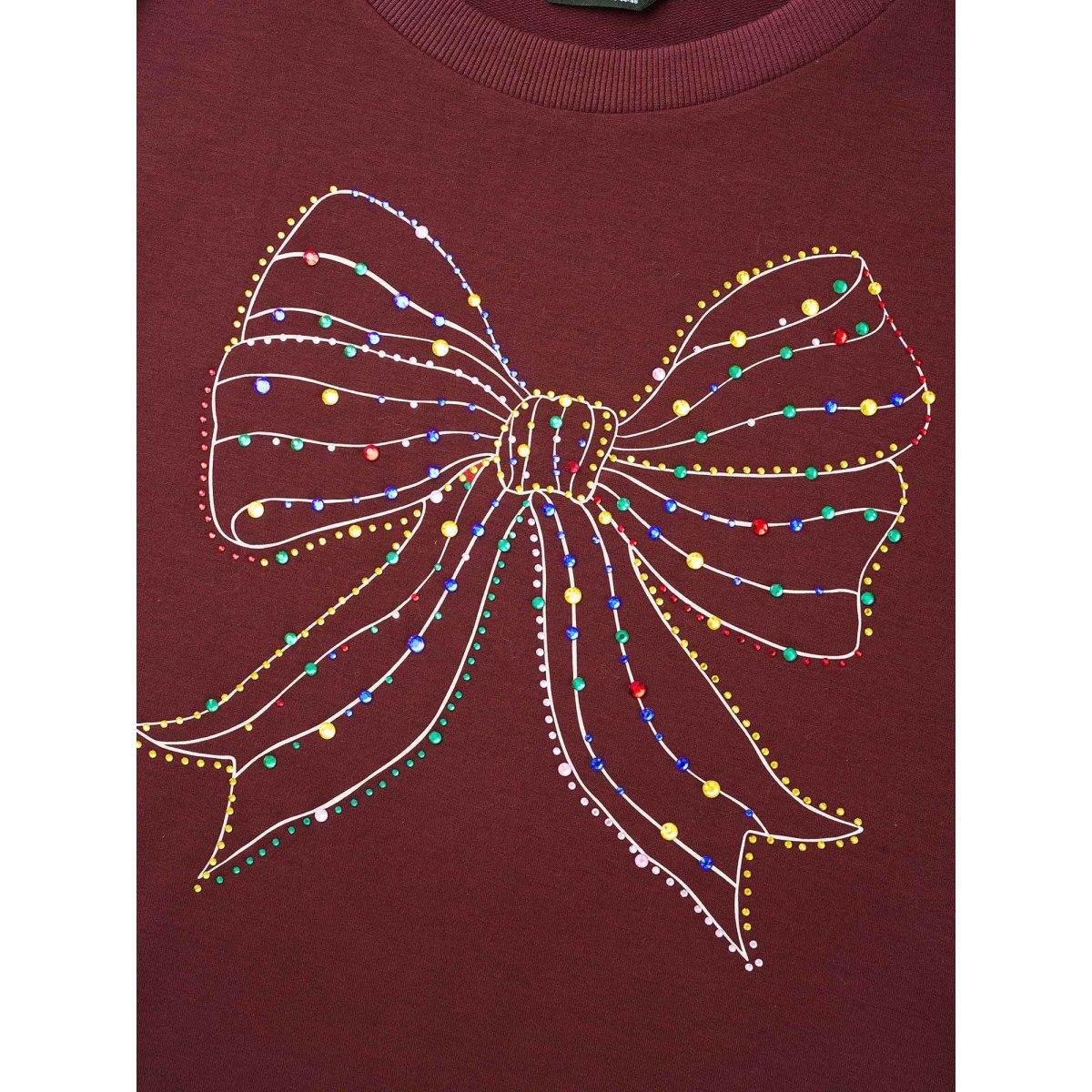 Plus Size Rhinestone Embellished Bow Straight-Fit Sweatshirt Women Deepred Casual Rhinestone detailing Round Neck Everyday Sweatshirts BloomChic 22-24/3X Product Image