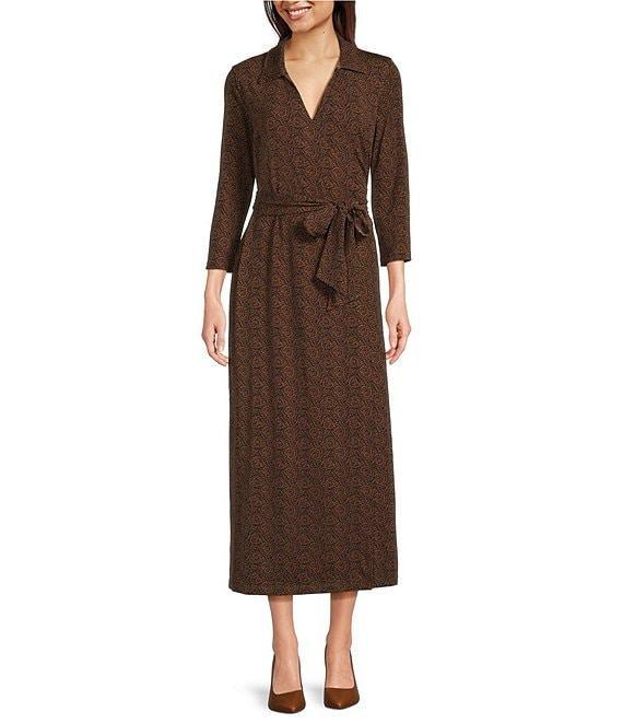 J.McLaughlin Printed Knit Reversible Point Collar V-Neck 3/4 Sleeve Wrap Dress Product Image