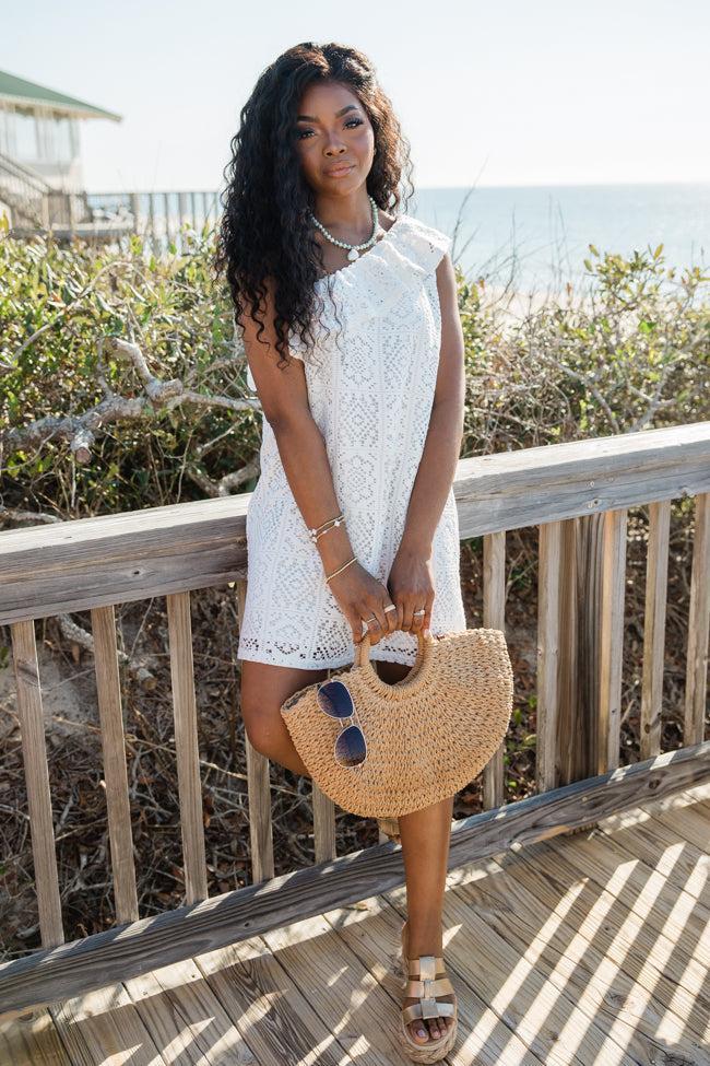 Where Memories Are Made White Crochet One Shoulder Dress SALE Product Image