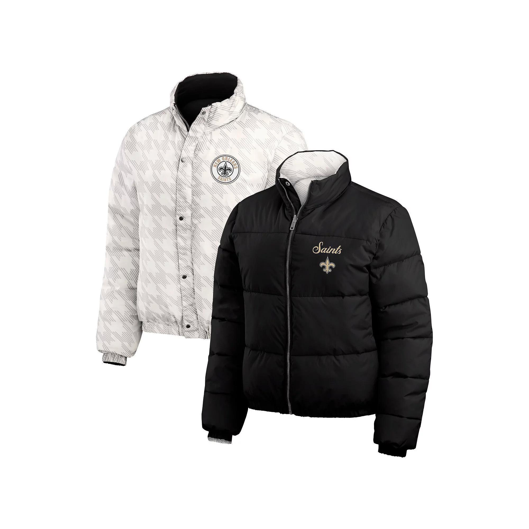 Women's WEAR by Erin Andrews  Black/White New Orleans Saints Reversible Cropped Full-Zip Puffer Jacket, Size: Small Product Image