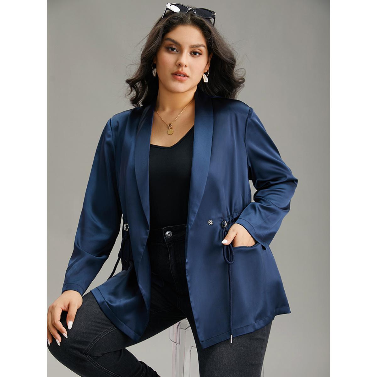 Plus Size Suit Collar Flap Pocket Drawstring Ties Blazer DarkBlue Women Work Plain Plain Sleeve Long Sleeve Suit Collar 30/6X Pocket Work From Home Blazers BloomChic Product Image