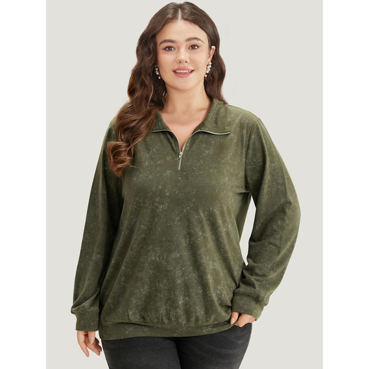 Plus Size Lapel Collar Zipper Elastic Hem Sweatshirt Women ArmyGreen Casual Elastic cuffs Lapel Collar Dailywear Sweatshirts BloomChic 26/4X Product Image