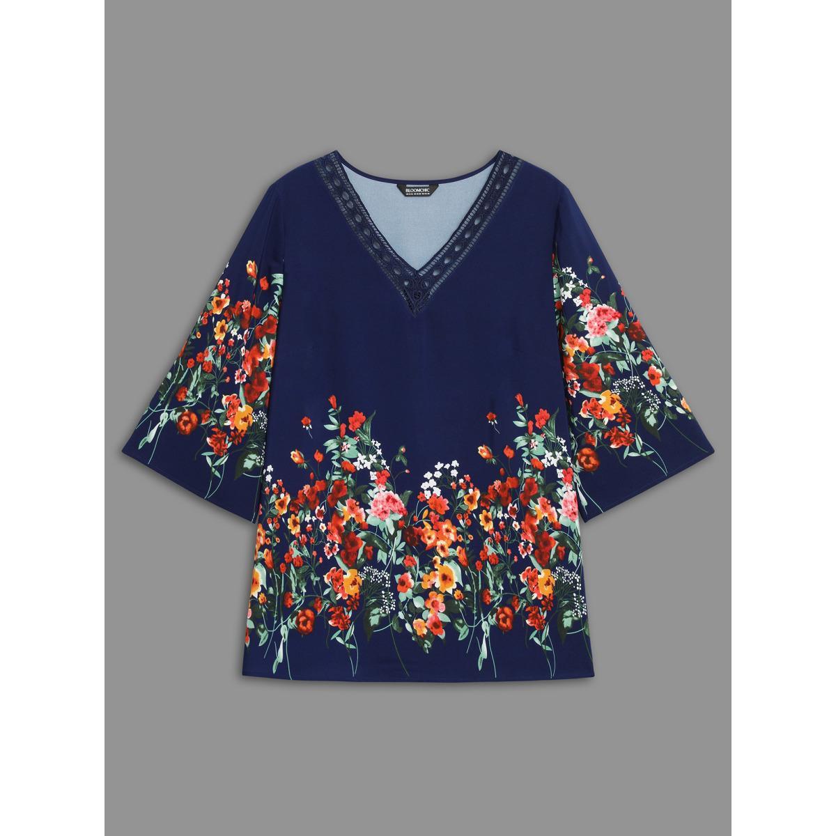 Plus Size Indigo Floral V Neck Cut-Out Lace Blouse Women Elegant Elbow-length sleeve V-neck Everyday Blouses BloomChic 18-20/2X Product Image