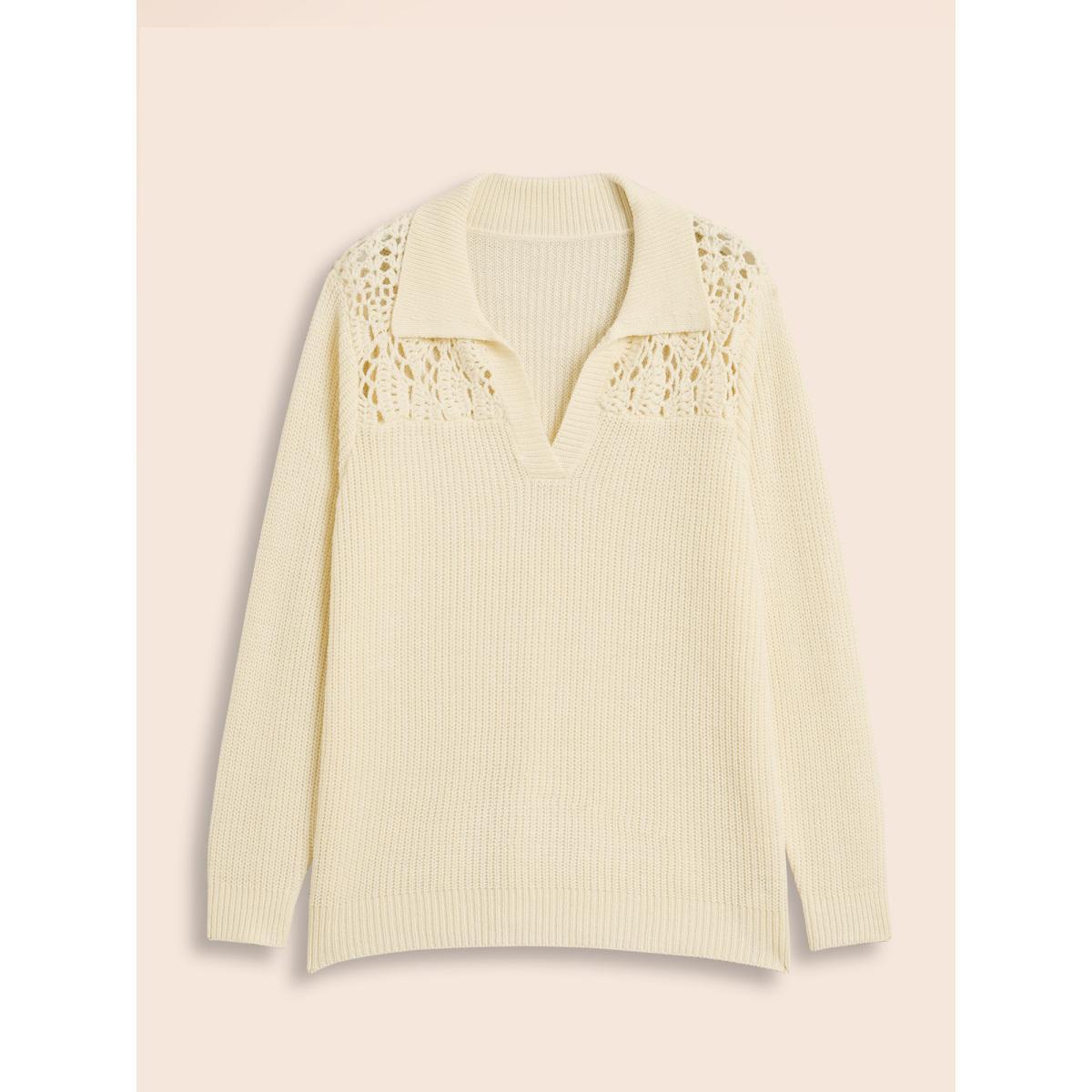 Plus Size Hand Crocheted Polo Collared Pullover Beige Women Casual Long Sleeve Polo Everyday Pullovers BloomChic 30/6X Product Image