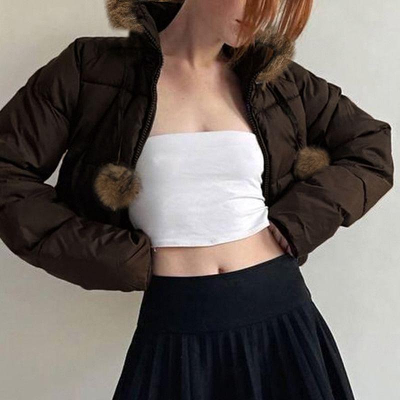 Fluffy Hooded Plain Zip Up Cropped Puffer Jacket Product Image