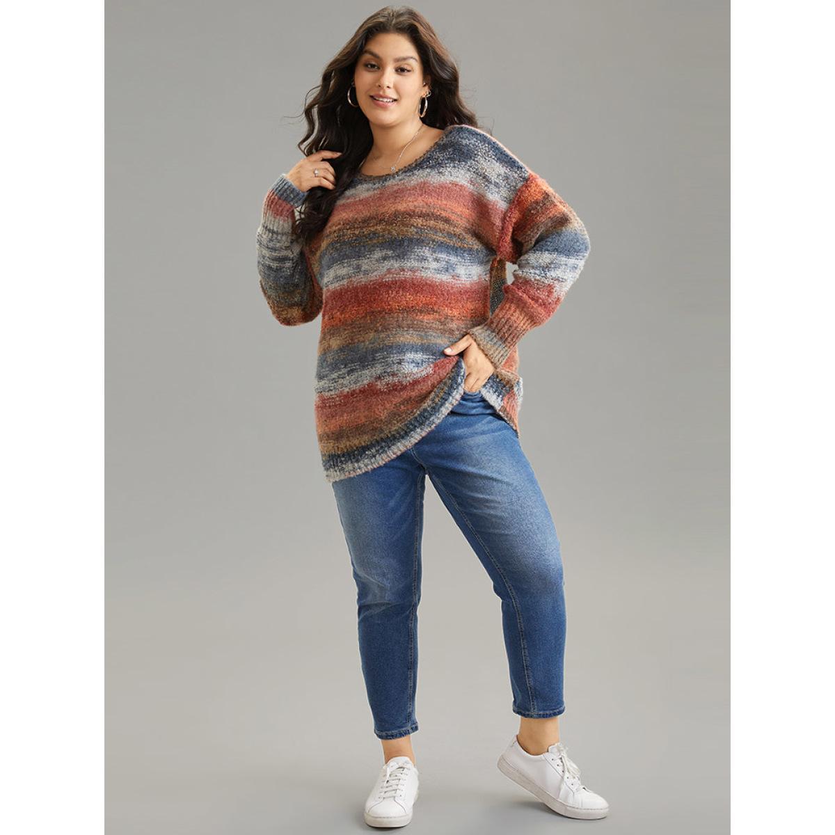 Plus Size Heather Colorblock Contrast Drop Shoulder Pullover Multicolor Women Casual Loose Long Sleeve Round Neck Everyday Pullovers BloomChic 14-16/1X Product Image