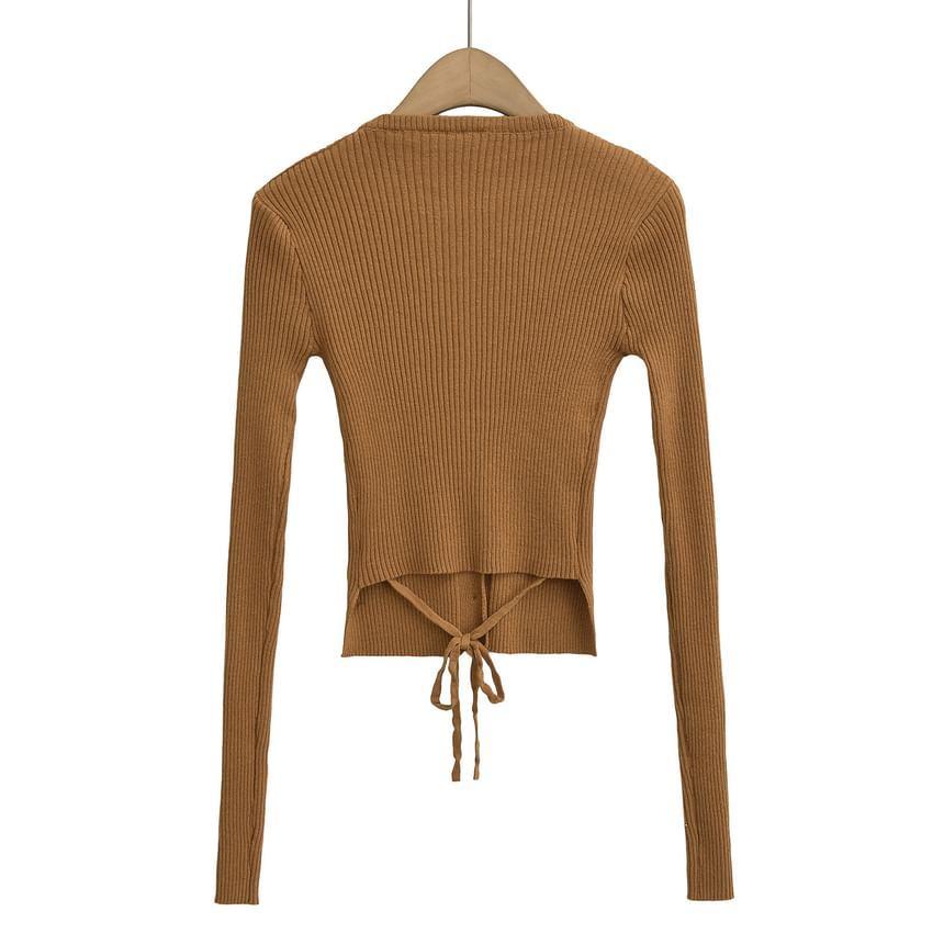 Round Neck Plain Ribbed Knit Cropped Cardigan Product Image