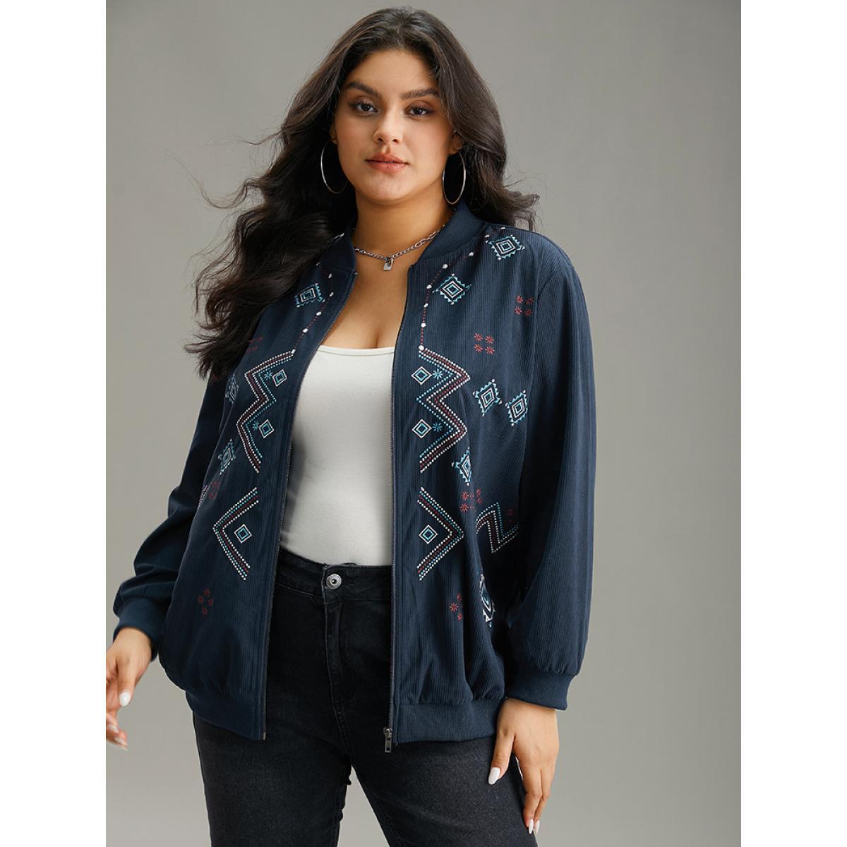 Plus Size Corduroy Geo Embroidered Zipper Fly Jacket Women Indigo Elastic cuffs Dailywear Jackets BloomChic 26/4X Product Image