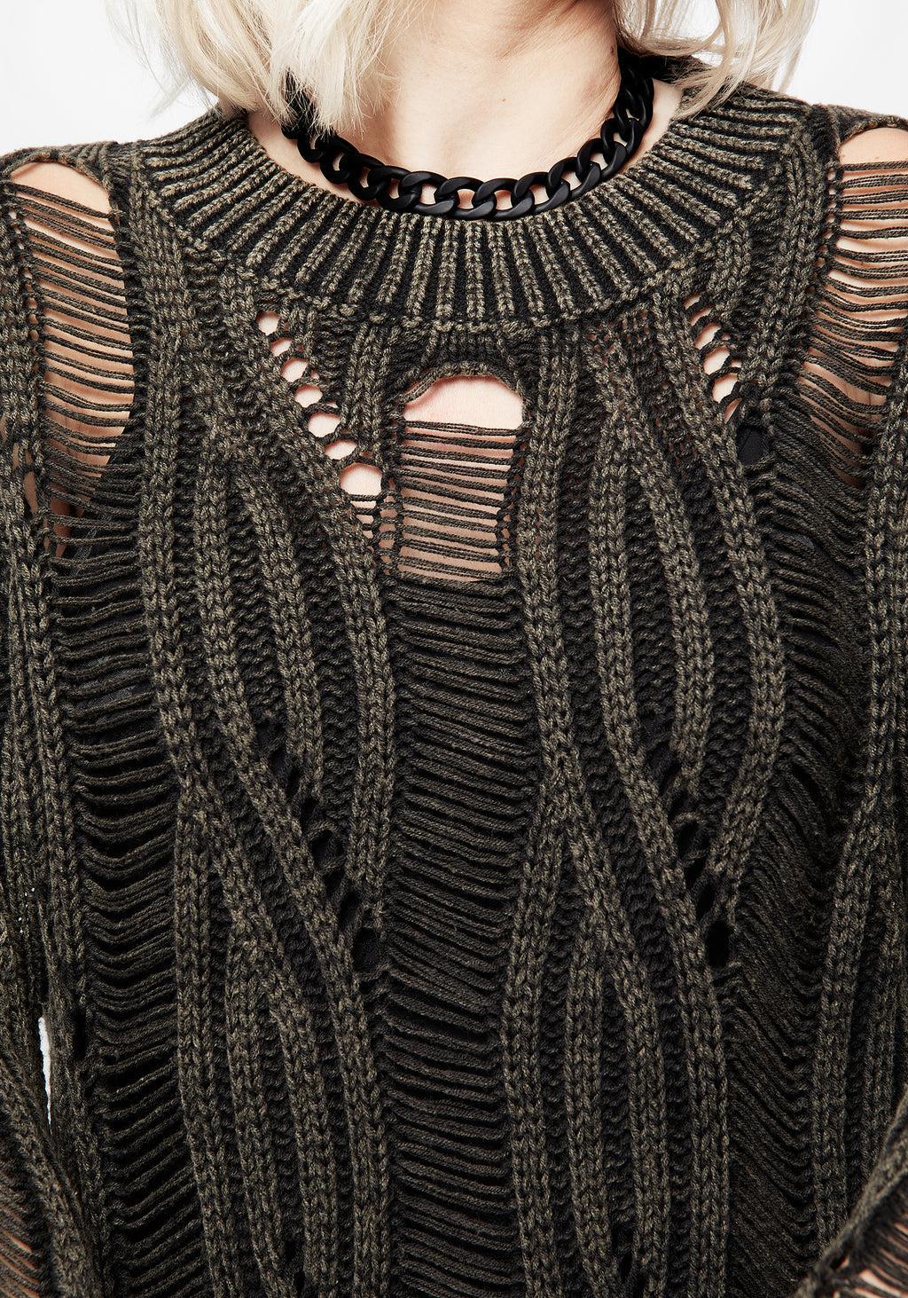 Granite Ladder Stitch Distressed Cable Knit Sweater Product Image