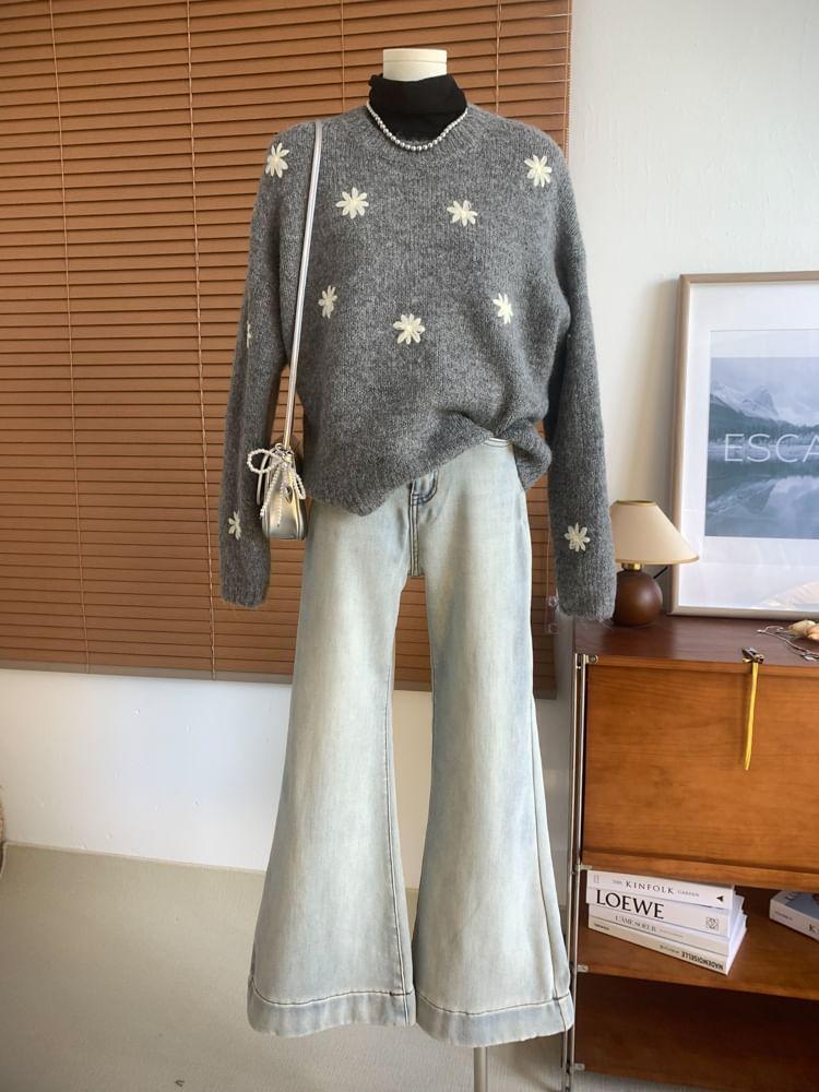 Crew Neck Floral Embroidered Sweater Product Image