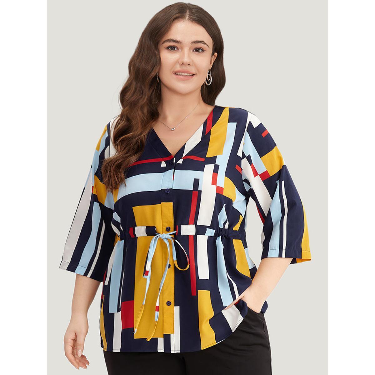 Plus Size Multicolor Geometric Contrast Drawstring Button Up Blouse Women Office Elbow-length sleeve V-neck Work Blouses BloomChic 22-24/3X Product Image