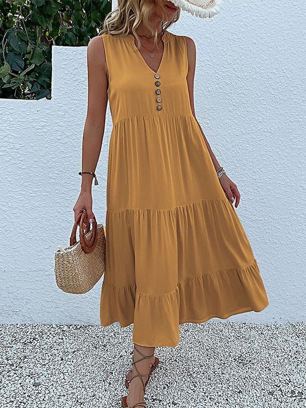 Loose Sleeveless Pleated Split-Joint V-Neck Midi Dresses Product Image