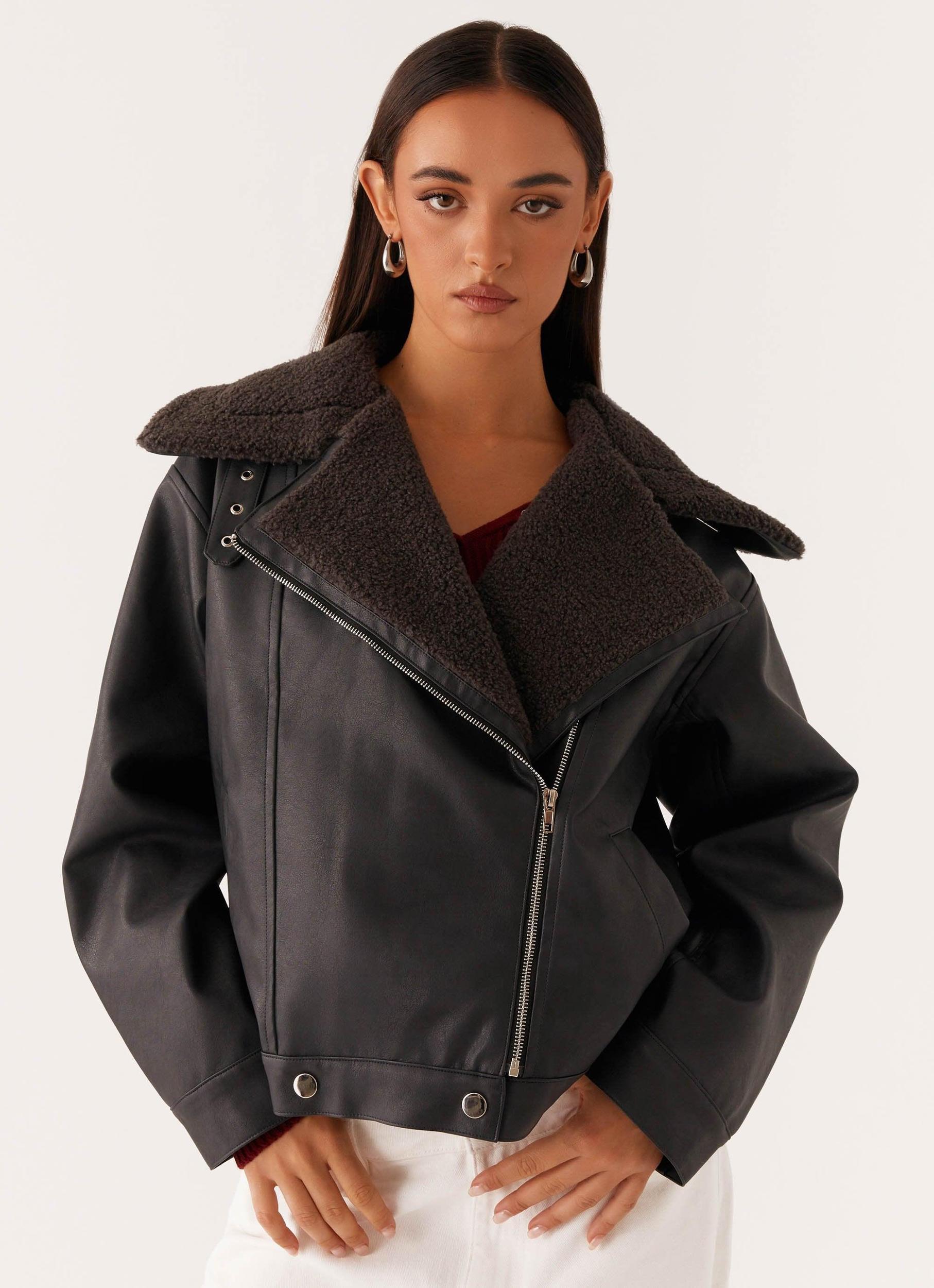 Inka PU Leather Shearling Jacket - Charcoal Girls Product Image