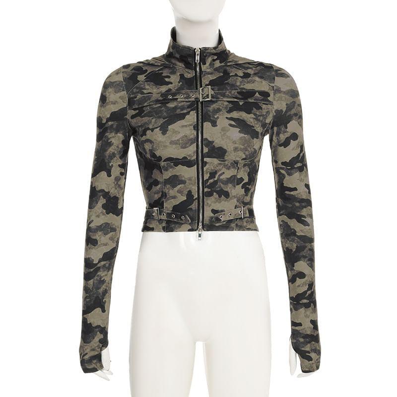 Camouflage Print Hooded Crop Zip-Up Jacket Product Image
