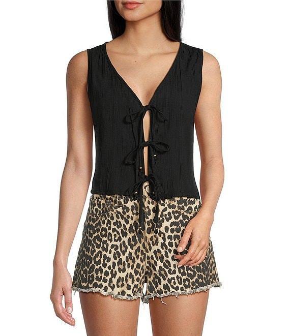 Angie Sleeveless V-neck Triple Front Tie Solid Top Product Image