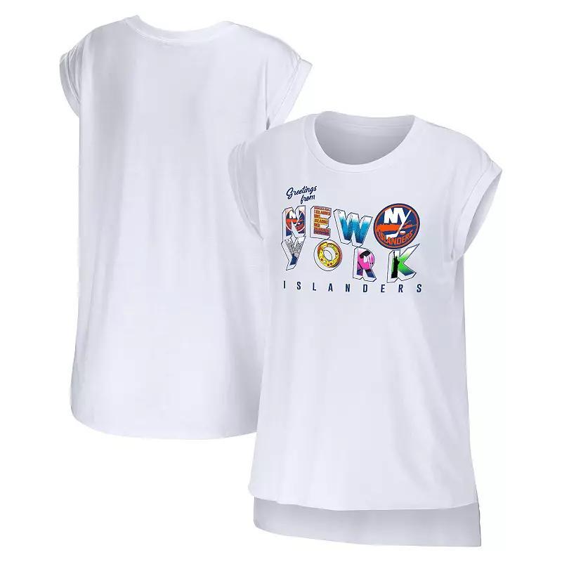 Women's WEAR by Erin Andrews White New York Islanders Greetings From Muscle T-Shirt, Size: XL, Isl White Product Image