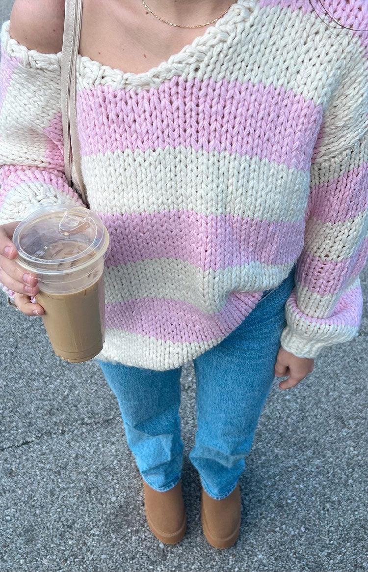 Delvey Pink Striped Chunky Knit Sweater Product Image