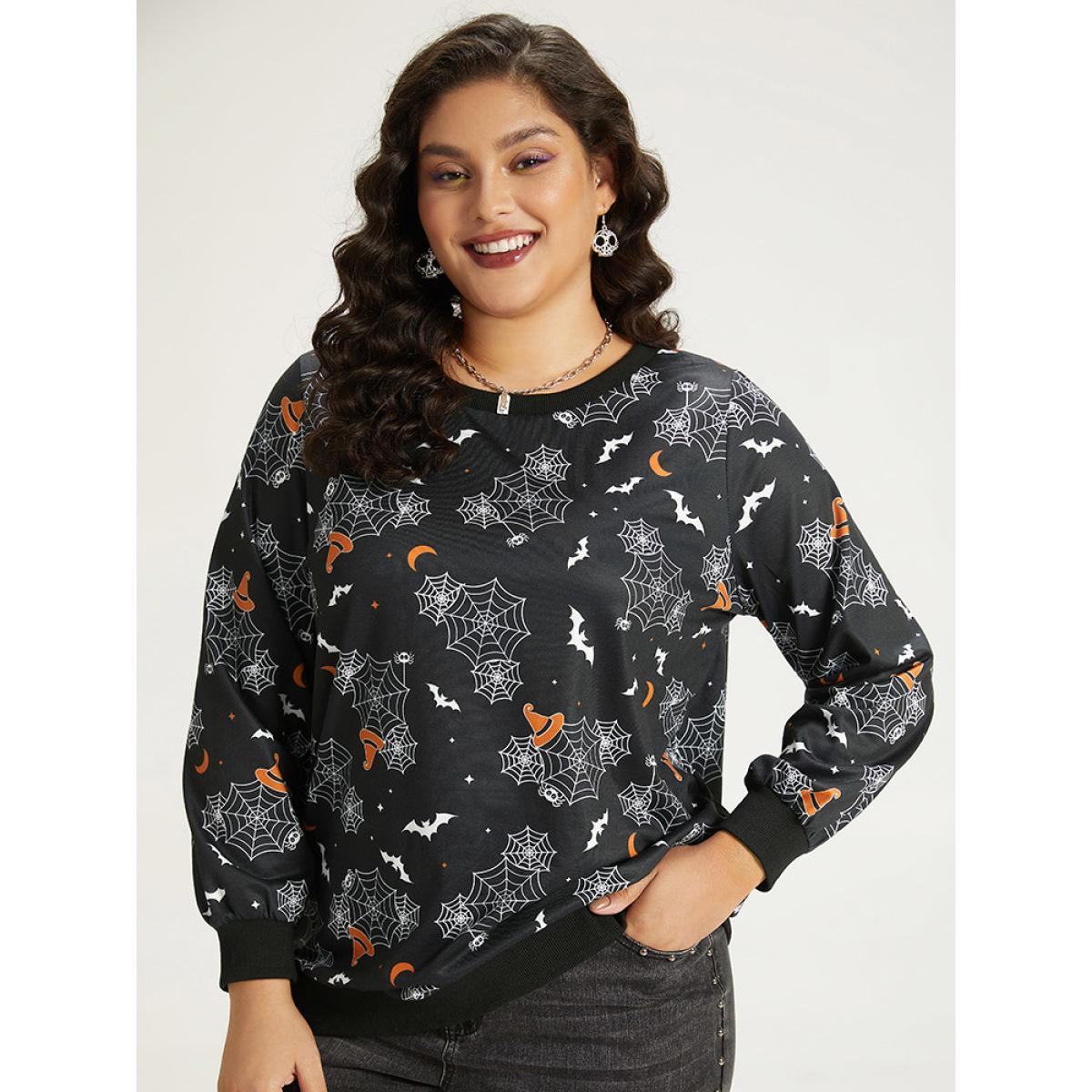 Plus Size Halloween Print Elastic Cuffs Round Neck Sweatshirt Women Black Casual Elastic cuffs Round Neck Dailywear Sweatshirts BloomChic 10/M Product Image