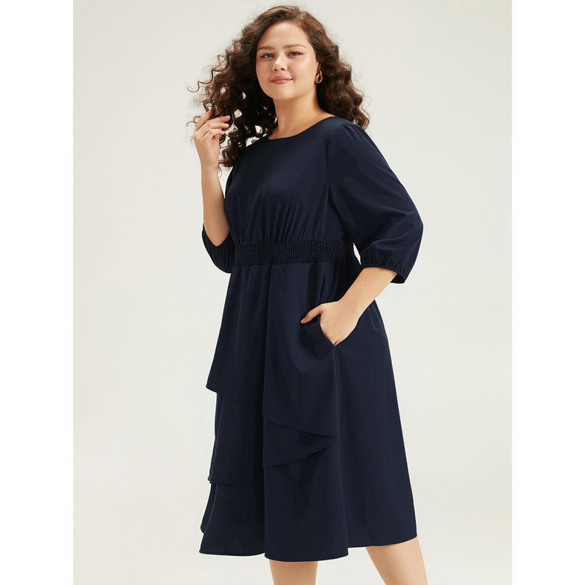 Plus Size Twill Flutter Shirred Asymmetrical Layered Hem Dress Indigo Women At the Office Elastic cuffs Round Neck Elbow-length sleeve Curvy Midi Dress BloomChic 18-20/2X Product Image