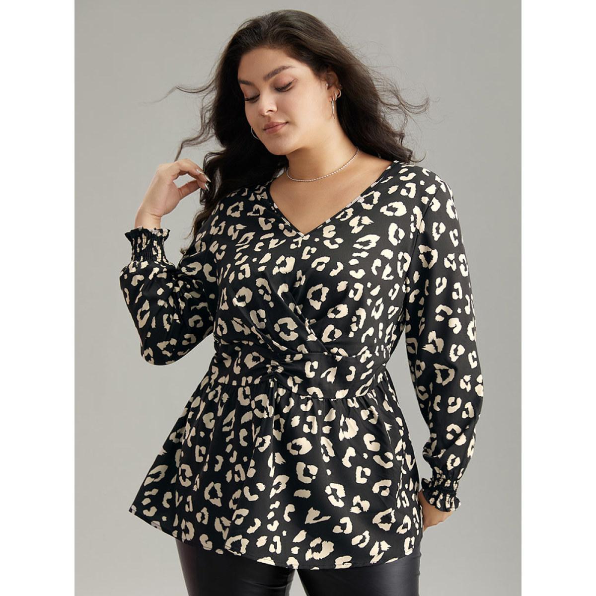 Plus Size Black Leopard Print Crossover Ruched Shirred Blouse Women Elegant Long Sleeve V-neck Dailywear Blouses BloomChic 22-24/3X Product Image