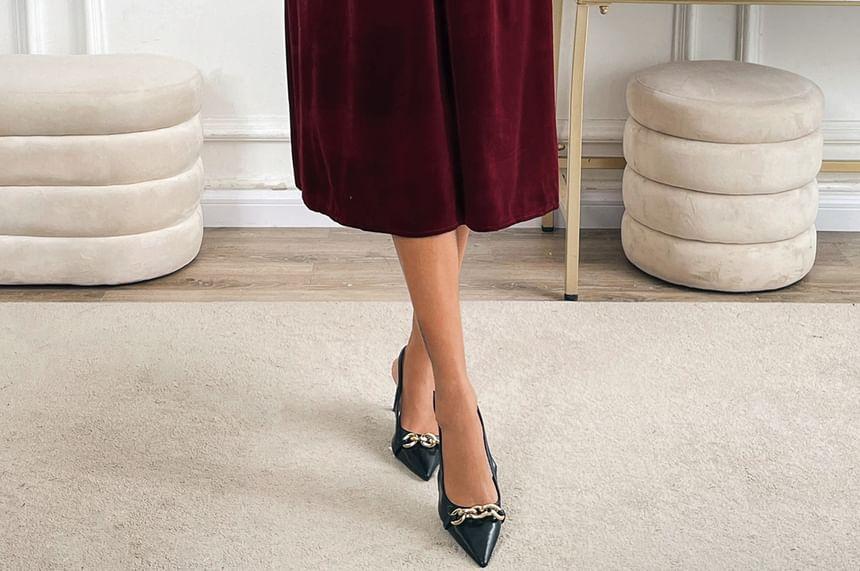 Velvet Long Sleeve V-Neck Lace Trim A-Line Midi Dress Product Image