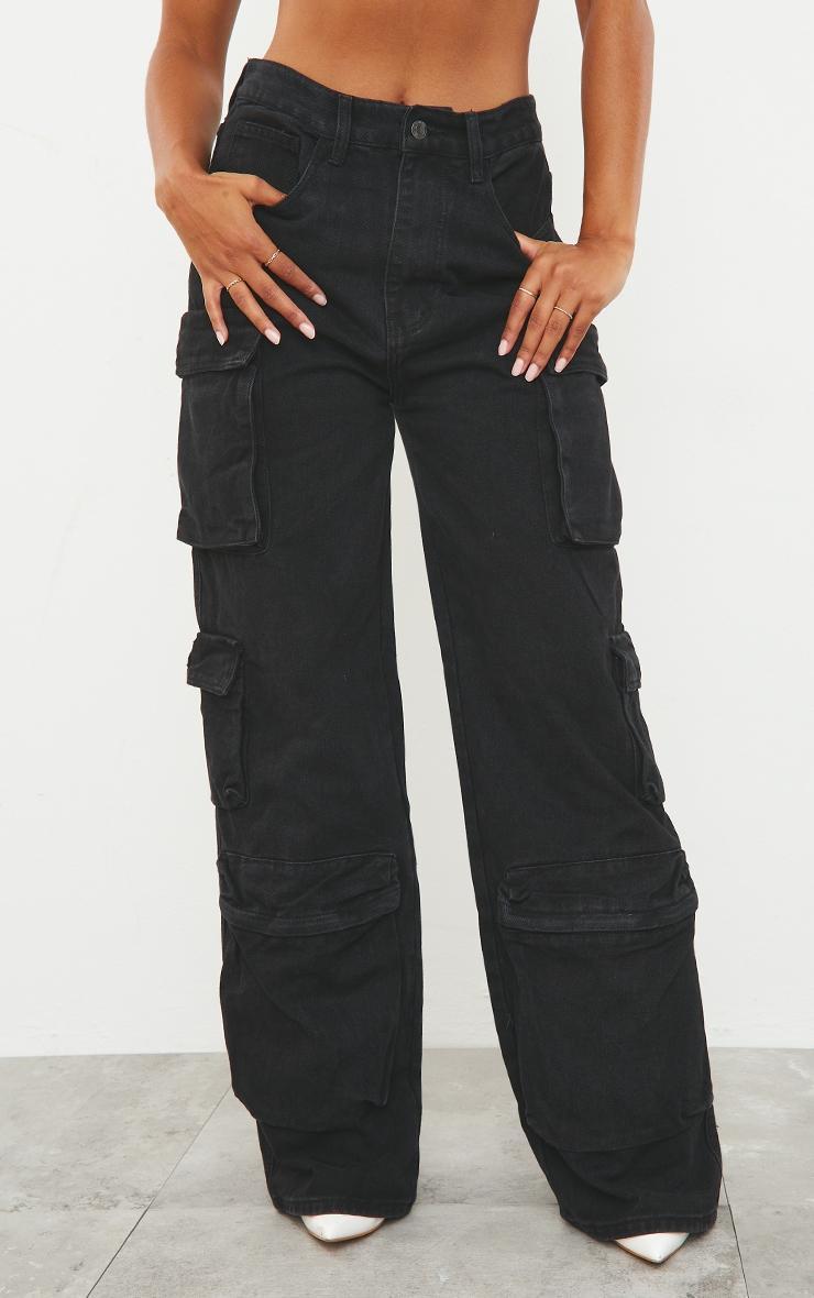 Washed Black Cargo Pocket Detail Wide Leg Jeans Product Image