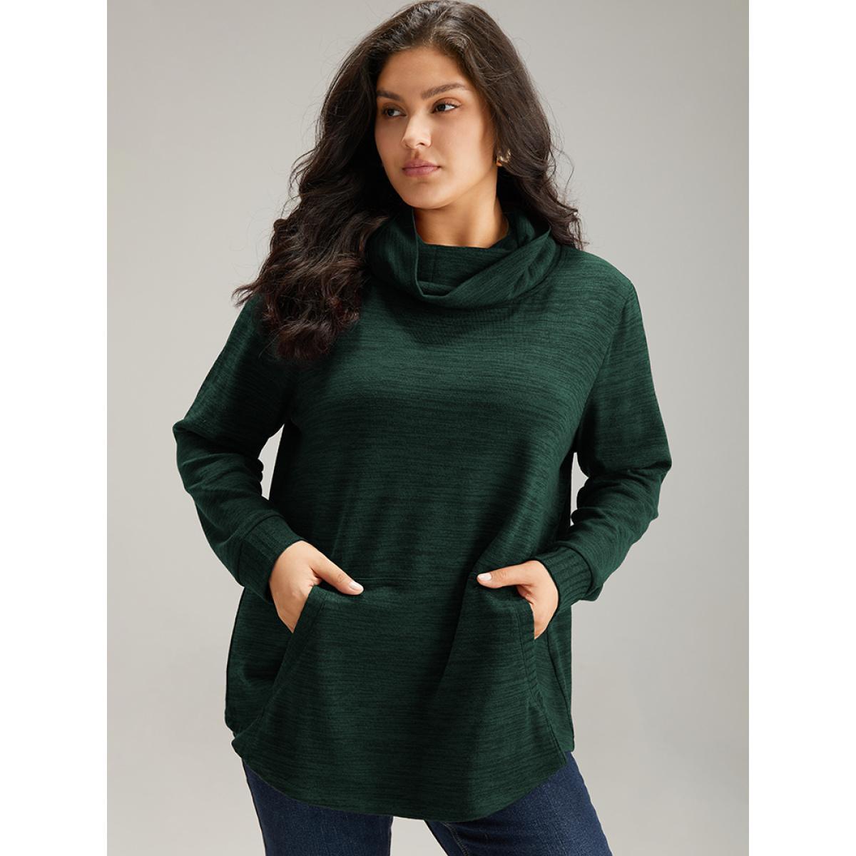 Plus Size Plain Turtleneck Pocket Heather Sweatshirt Women DarkGreen Elegant Plain Turtleneck Dailywear Sweatshirts BloomChic 14-16/1X Product Image
