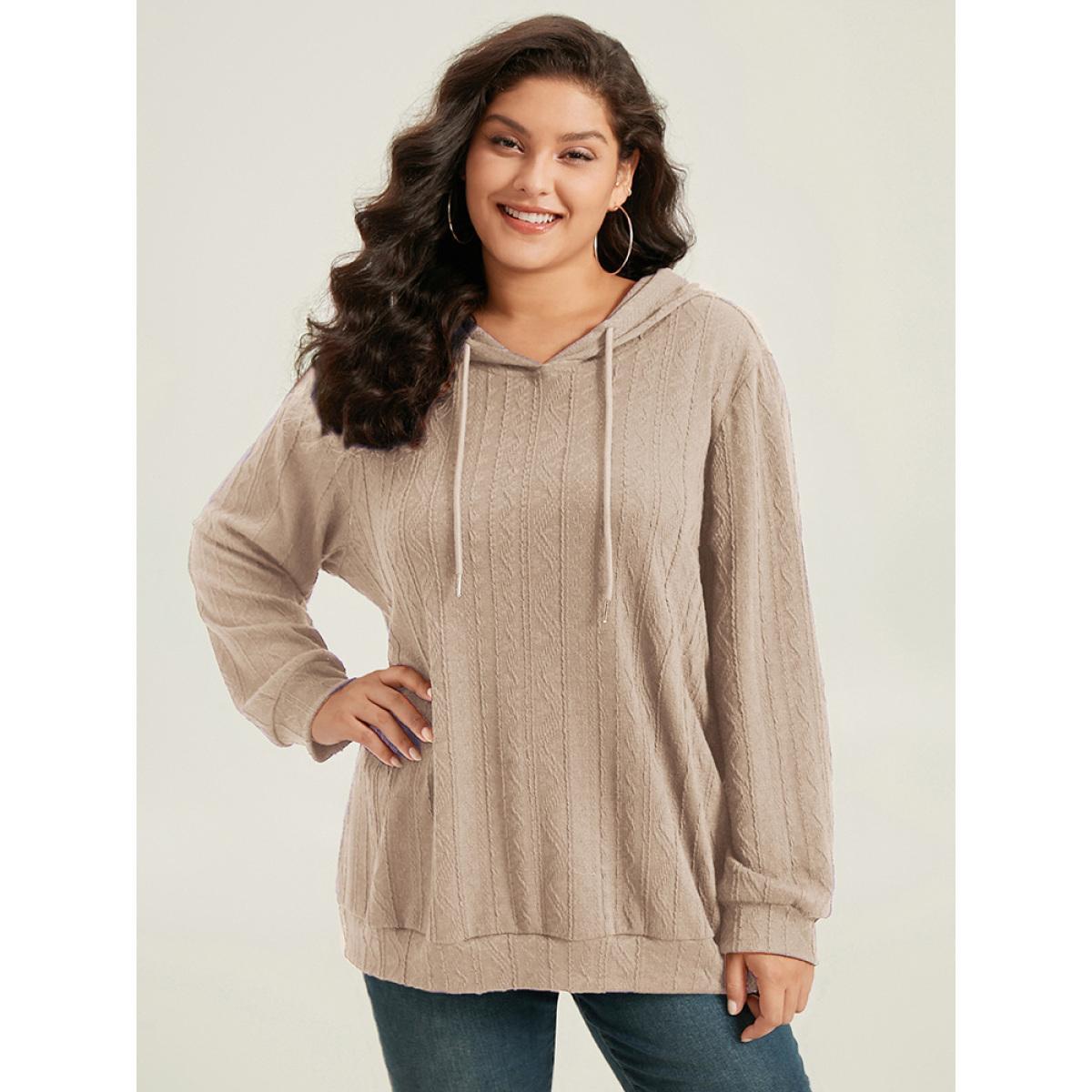 Plus Size Plain Textured Hooded Drawstring Sweatshirt Women LightBrown Casual Elastic cuffs Hooded Everyday Sweatshirts BloomChic 10/M Product Image