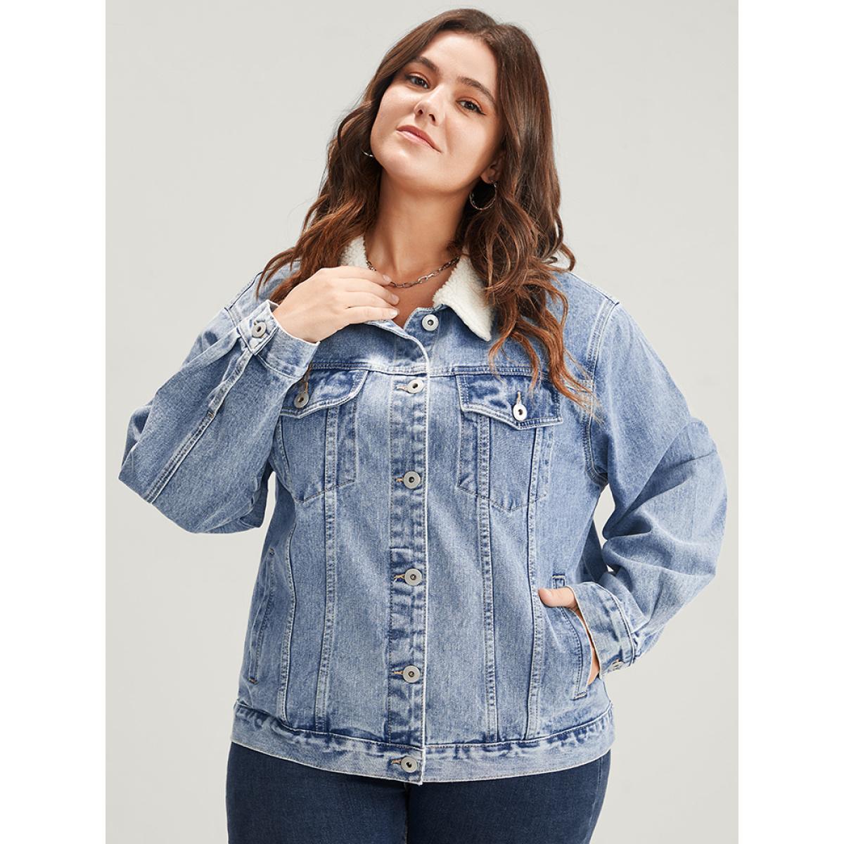 Women Solid Pocket Button Front Medium Wash Denim Jacket Aegean Plus Size Plain Dailywear Pocket Casual Denim Jackets BloomChic 10/M Product Image