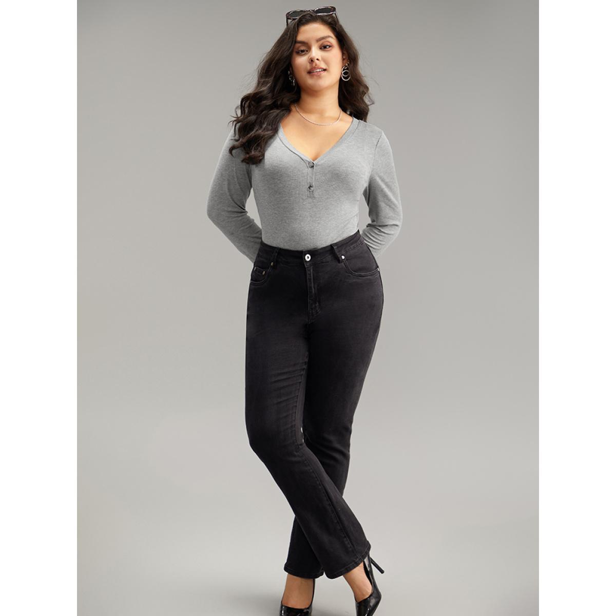 Plus Size Supersoft Essentials Rib Knit Button Up Bodysuit Women Gray Plain Plain Bodysuits BloomChic 12/L Product Image