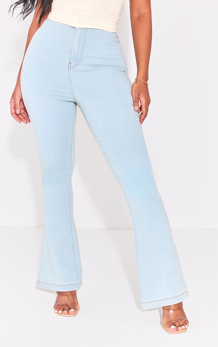 PRETTYLITTLETHING Shape Light Blue Wash Split Hem Detail Flared Jeans Product Image