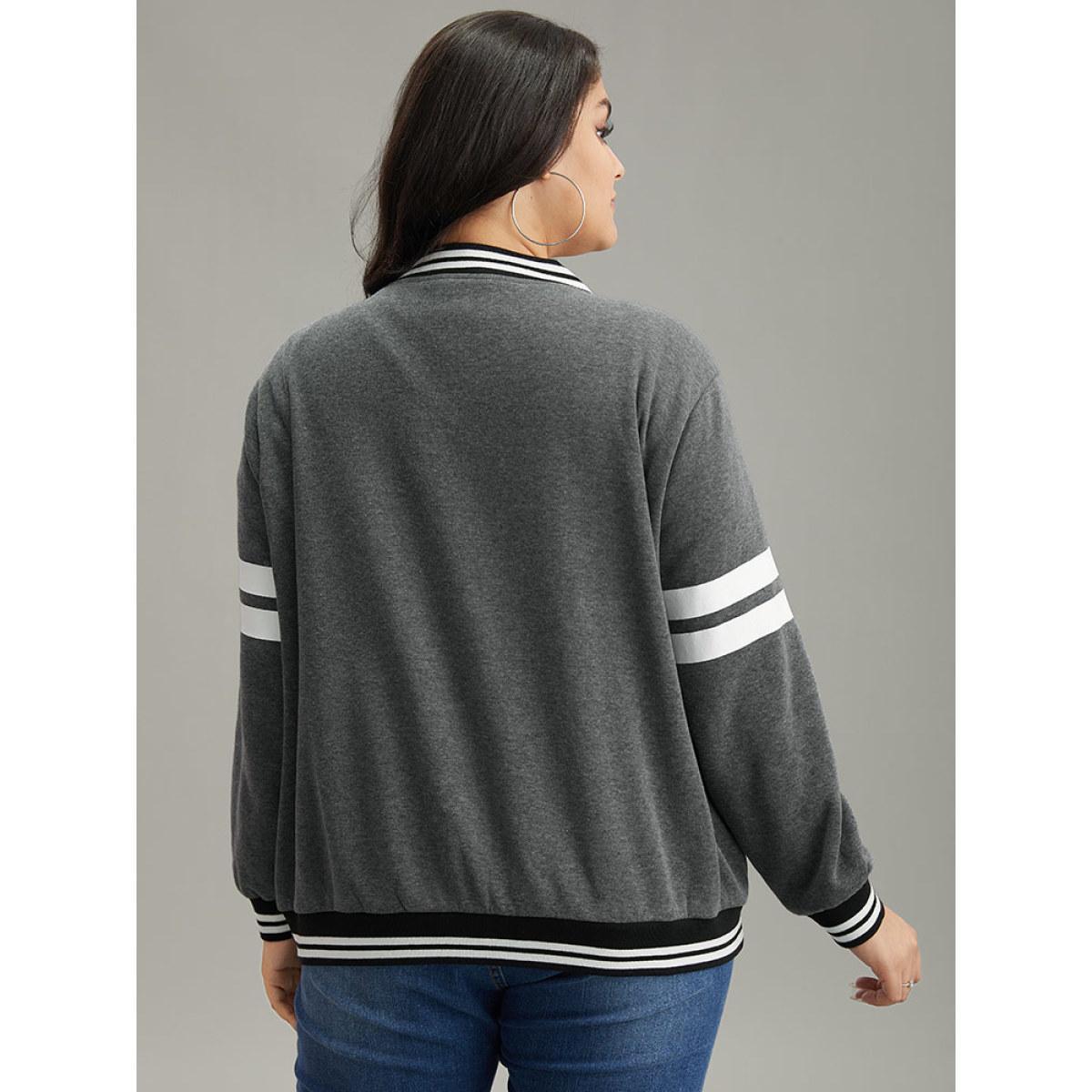 Plus Size Striped Patchwork Contrast Pocket Zipper Bomber Jacket Women DimGray Elastic cuffs Pocket Dailywear Jackets BloomChic 26/4X Product Image