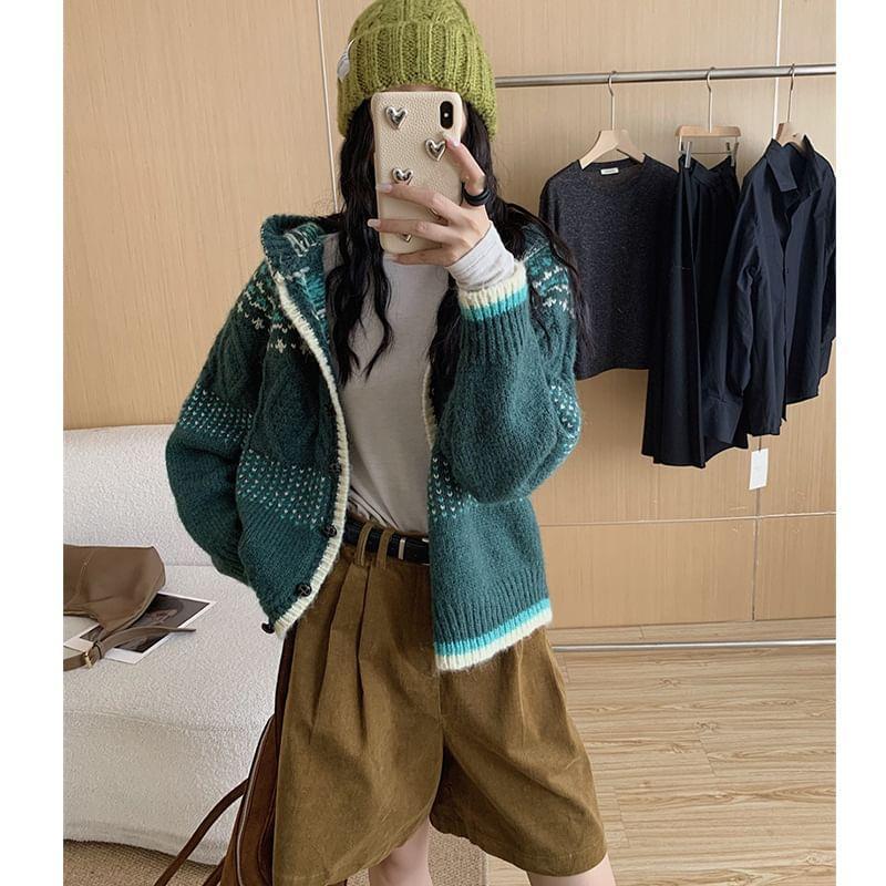 Contrast Trim Jacquard Hooded Cardigan Product Image
