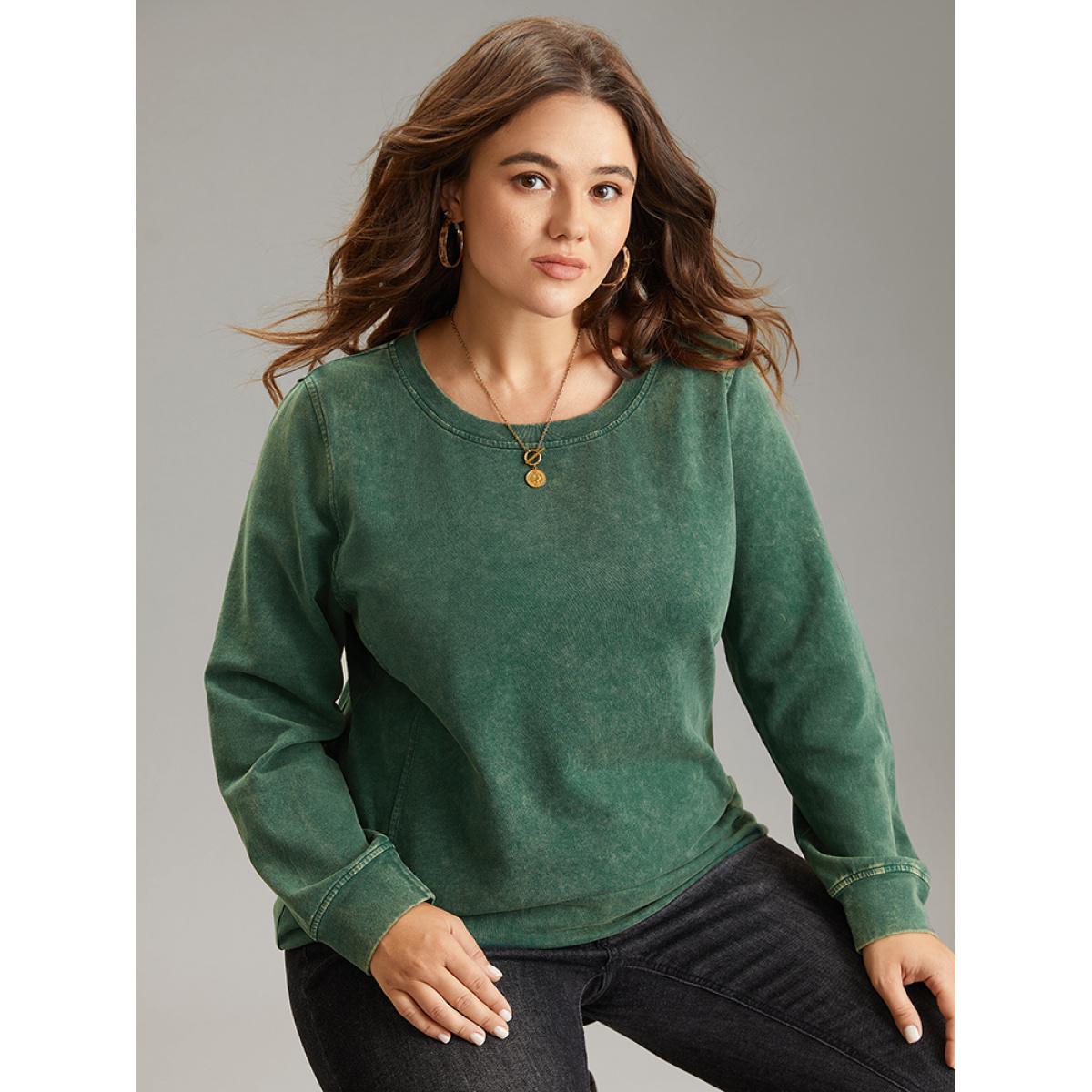 Plus Size Solid Vintage Round Neck Sweatshirt Women Cyan Casual Plain Round Neck Dailywear Sweatshirts BloomChic 28/5X Product Image